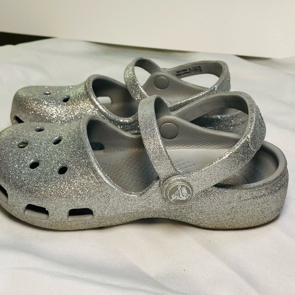 Crocs girls silver glitter sandals shoes double ankle straps Sz 13 - Picture 5 of 9
